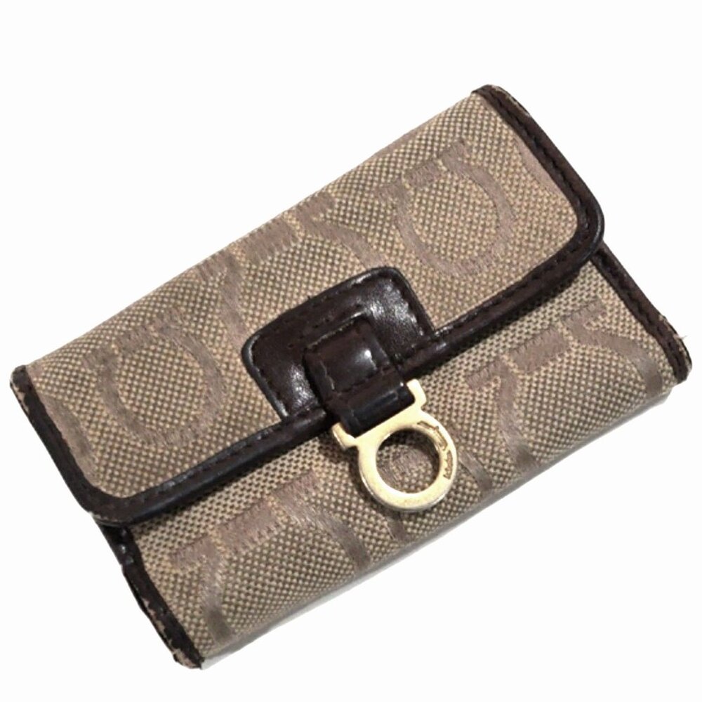 Authentic Salvatore Ferragamo Tan Canvas 6-Key Holder Leather Trim - Luxury